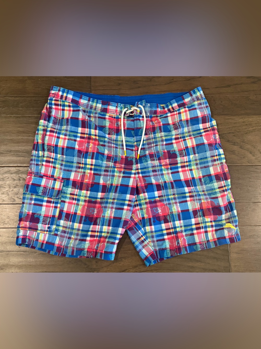Tommy Bahama Blue, Red & Yellow Plaid Swim Trunks